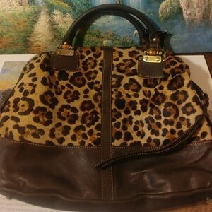Leopard Print and Brown Leather Shoulder Bag